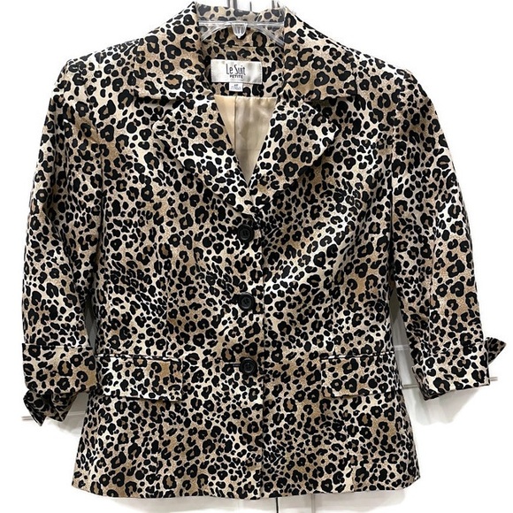 Size 4P - 6P Animal Print Jacket LeSuit Black & Brown 97% Poly 3% Spandex - Picture 3 of 9